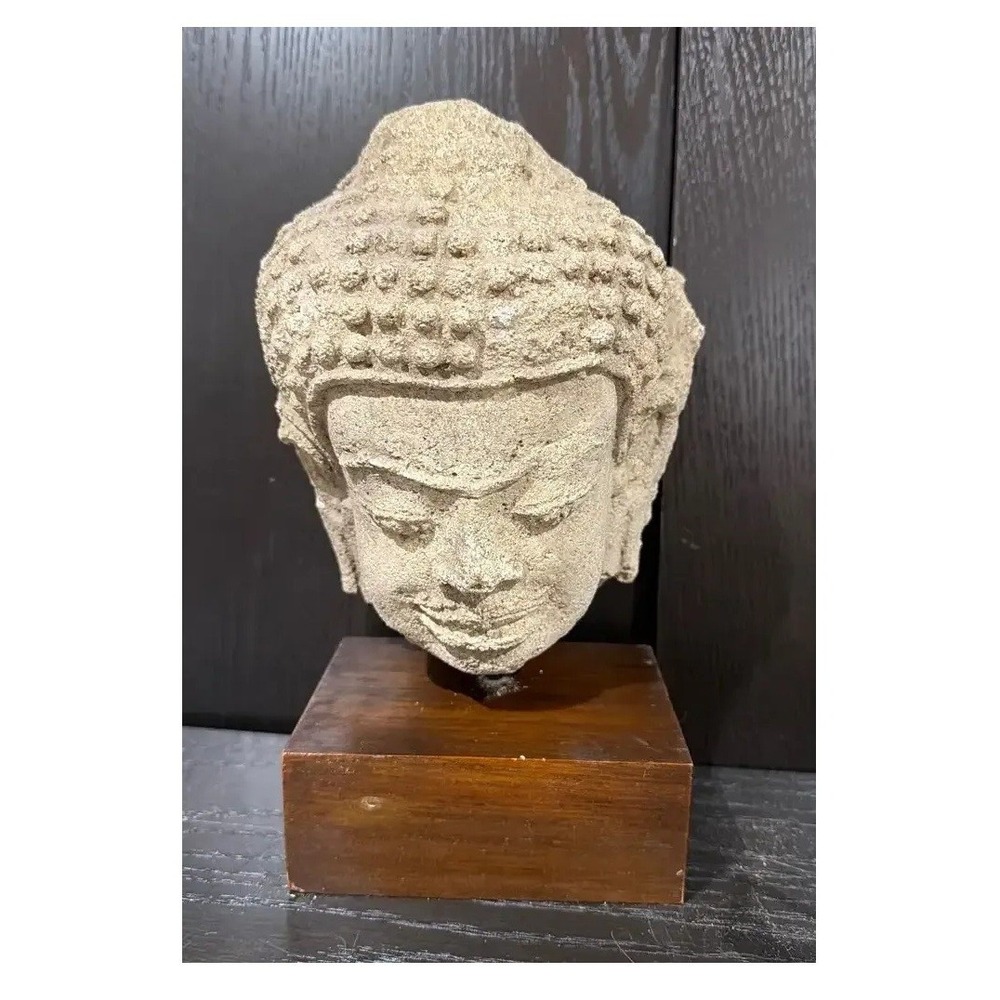 Stone Buddha Head Sculpture on Wood Base Hand Carved Fragment 10.5 Inch